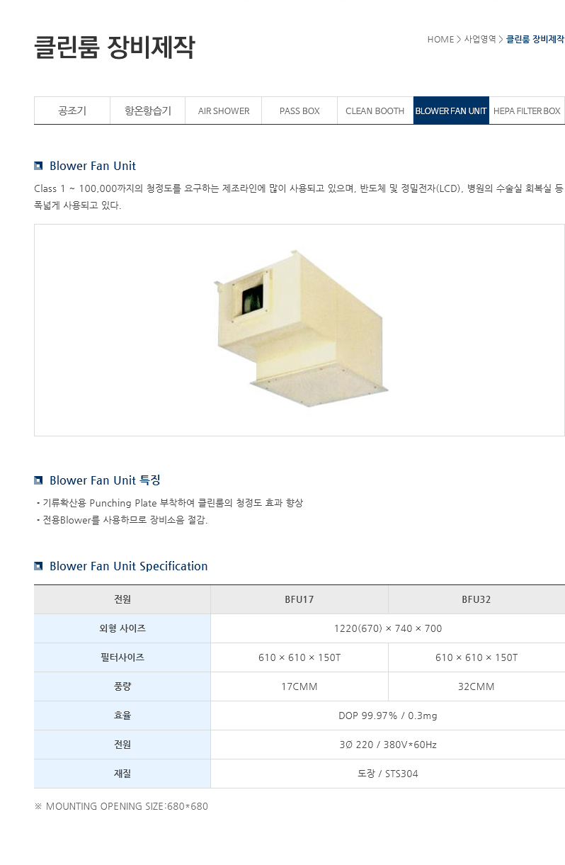 class 1~100,000까지의 청정도를 요구하는 제조라인에 많이 사용되고 있으며, 반도체 정밀전자, 병원의 수실실 회복실 등 폭넓게 사용되고 있다.